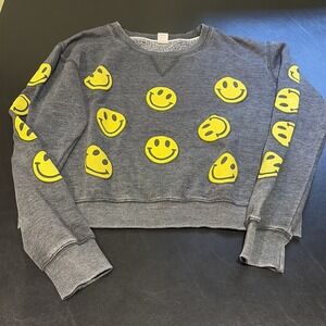 Relaxx Women's Smiley World Crew Neck Pullover Crop Sweatshirt Gray Size M